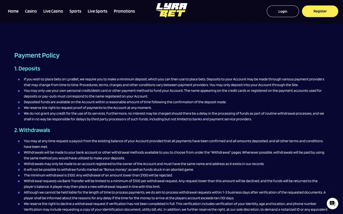 LyraBet Casino — Payments, captured from New Zealand