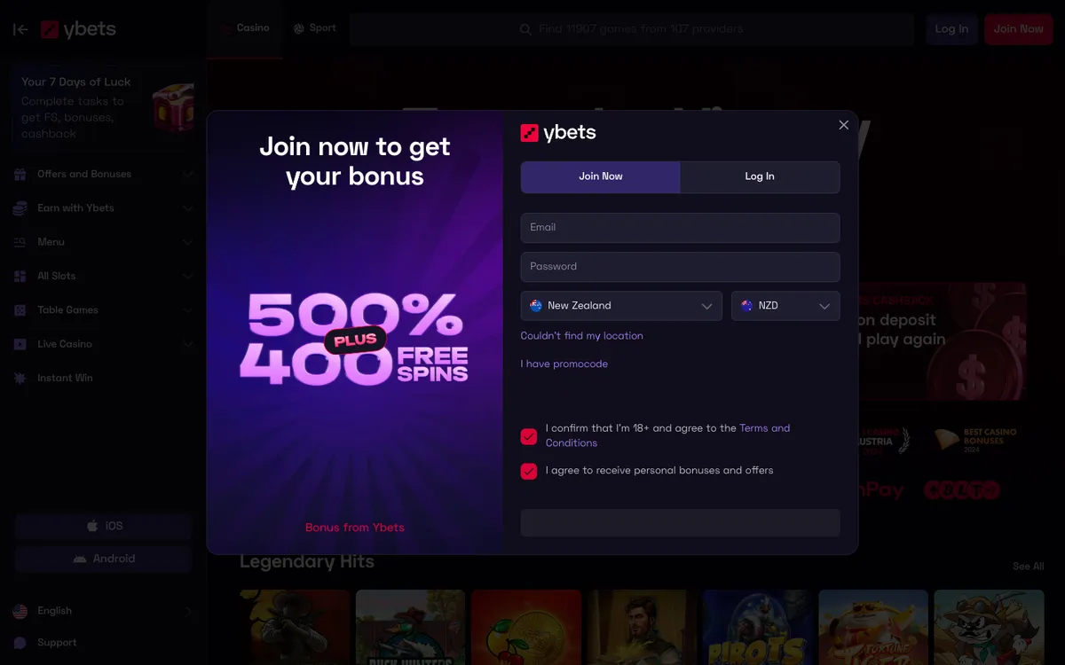 Ybets Casino — Home page, captured from New Zealand