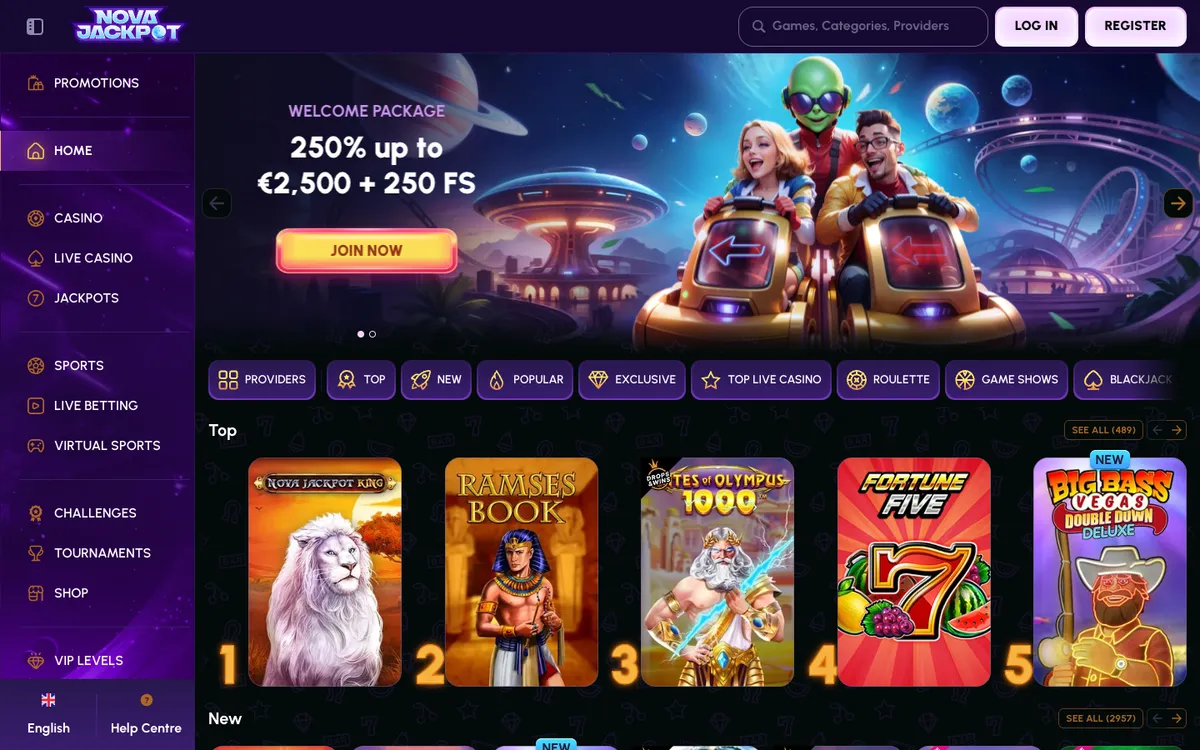 NovaJackpot Casino — Home page, captured from Argentina