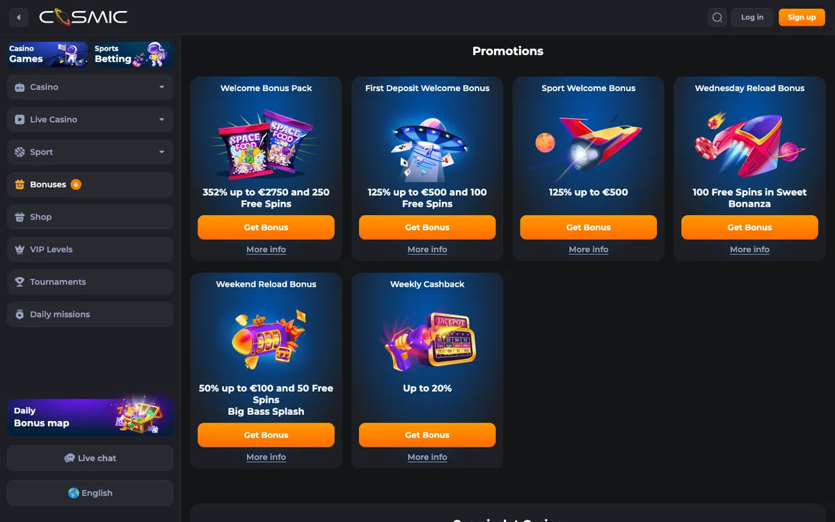 CosmicSlot Casino — «Акции», снято из страны Япония