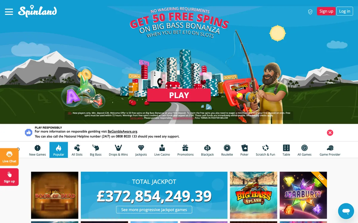 Spinland Casino — Home page, captured from United Kingdom