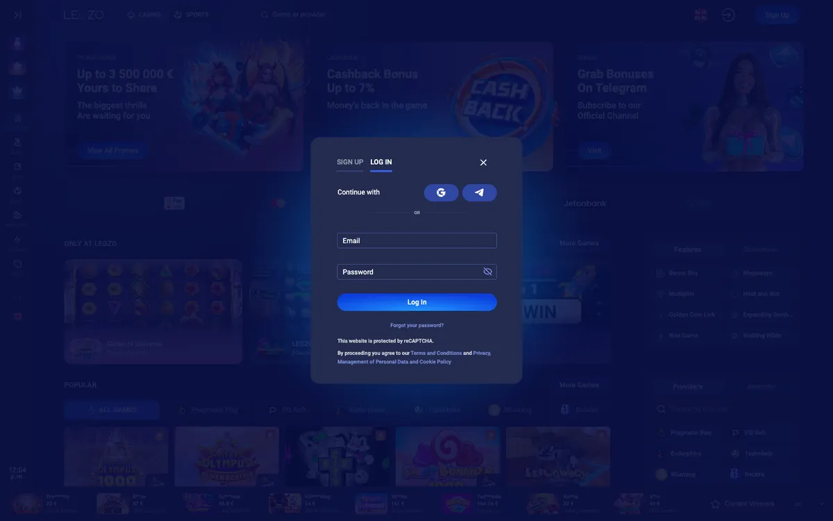 Legzo Casino — Sign-up, captured from Belgium