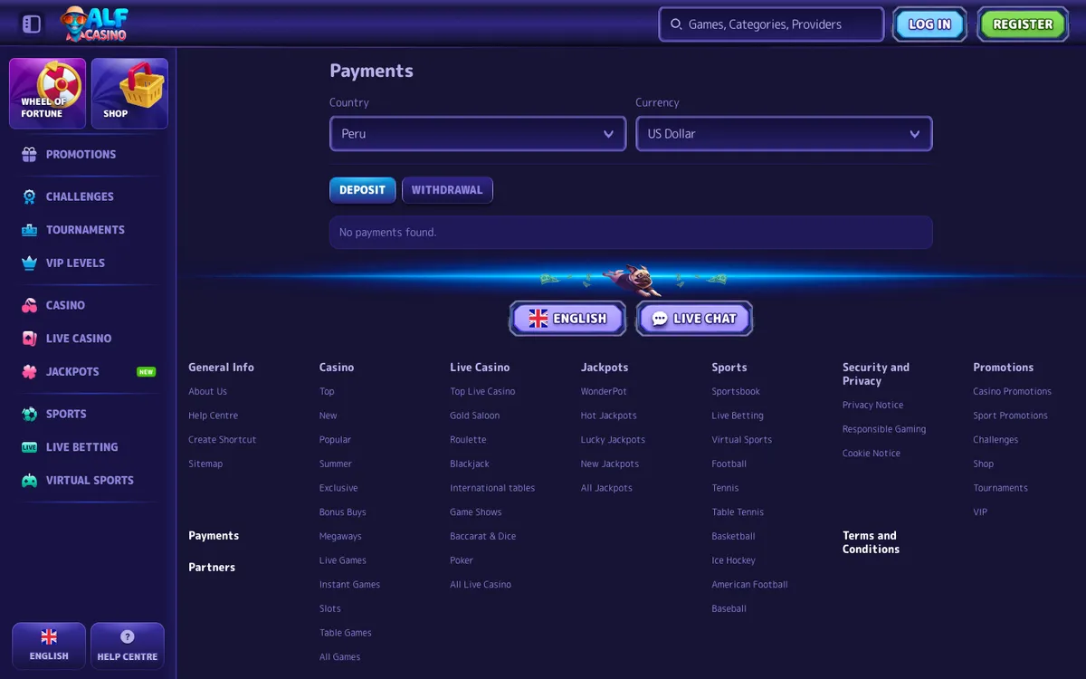 Alf Casino — Payments, captured from Peru