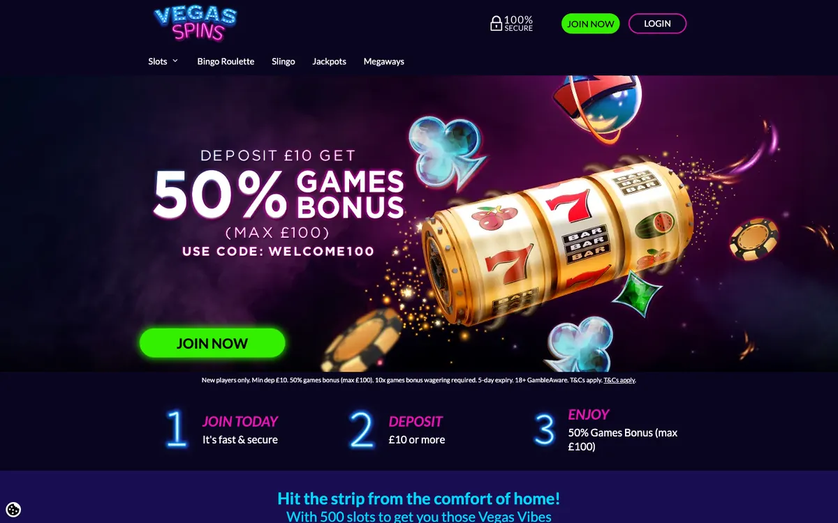 Vegas Spins Casino — Home page, captured from United Kingdom