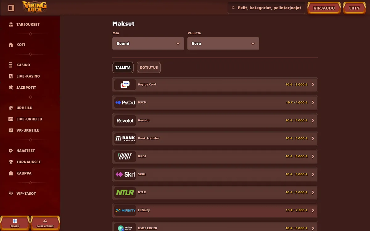 VikingLuck Casino — «Платежи», снято из страны Финляндия