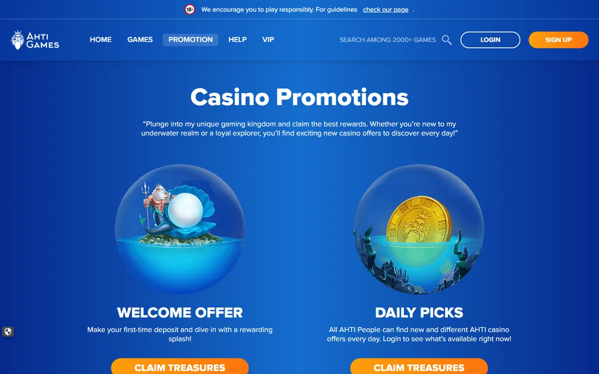 AHTI Games Casino — Promotions, captured from Canada