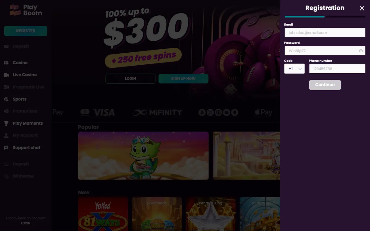 Play Boom Casino — Sign-up, captured from Canada