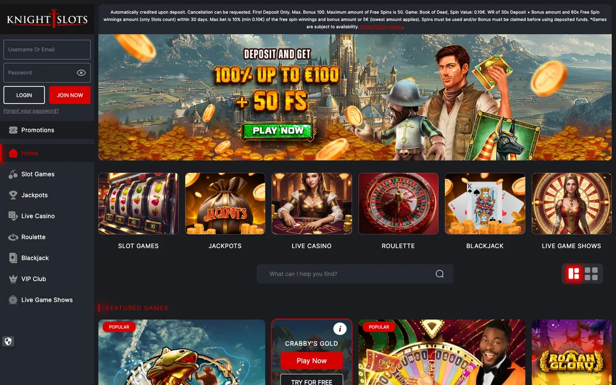 Knightslots Casino — Home page, captured from Finland