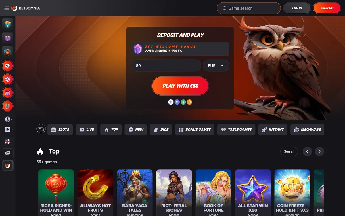 Betsomnia Casino — Home page, captured from Canada