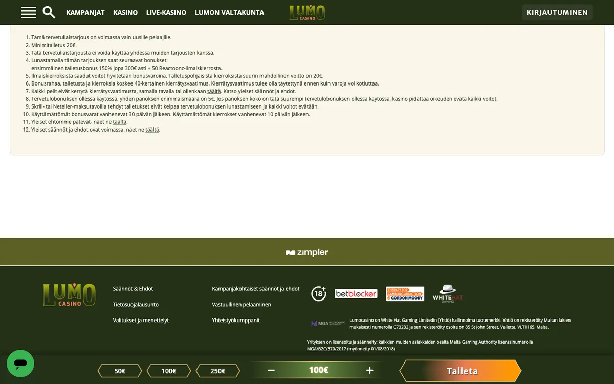 Lumo Casino — Promotions, captured from Finland