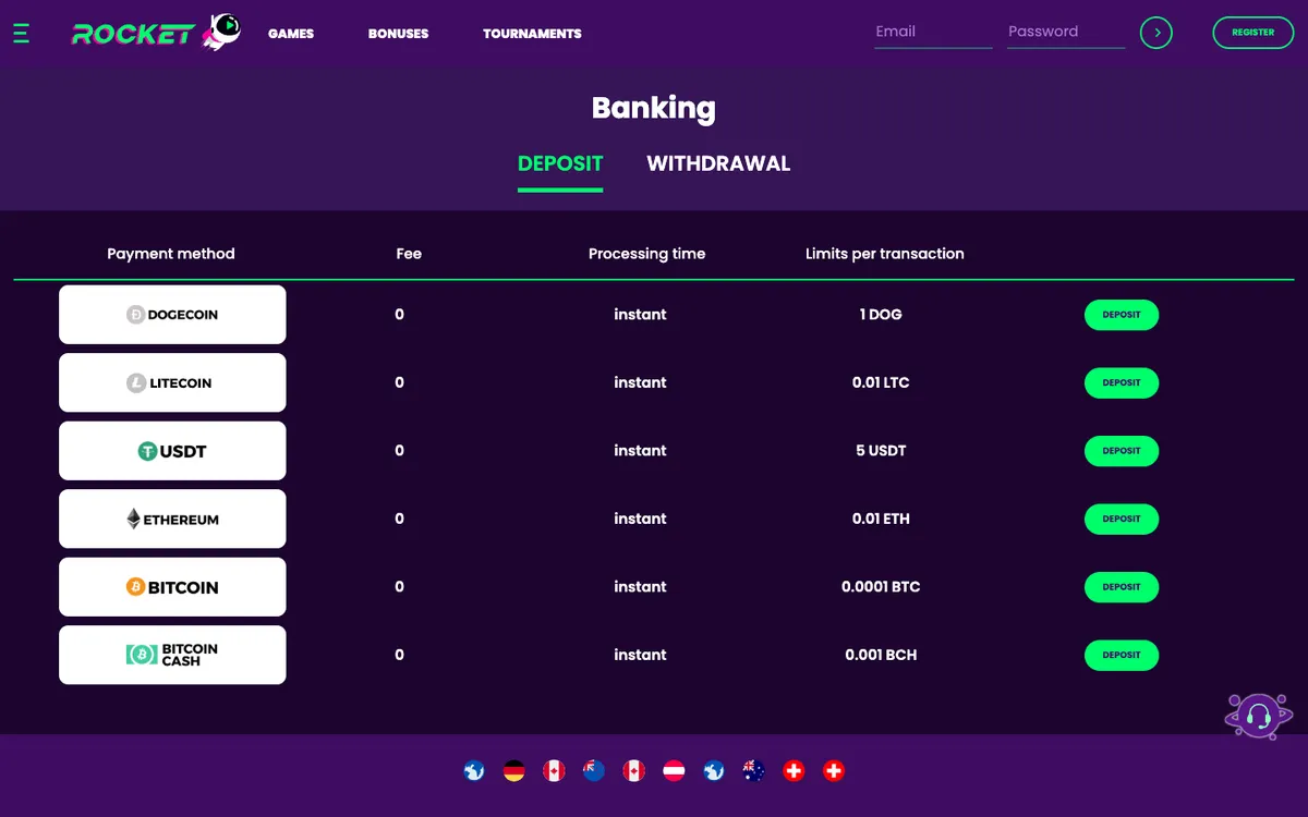 Casino Rocket — «Платежи», снято из страны Южно-Африканская Республика