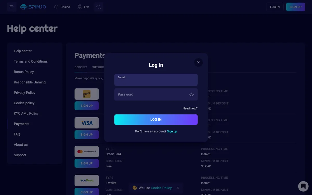Spinjo Casino — Sign-up, captured from Canada