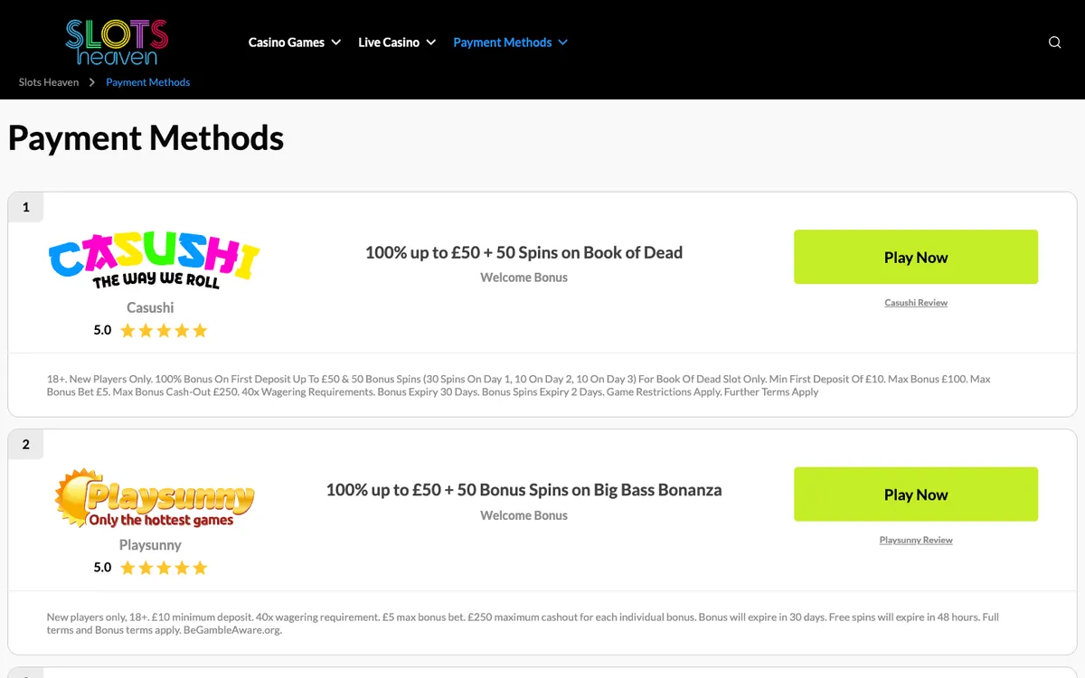 Slots Heaven Casino — Payments, captured from South Africa