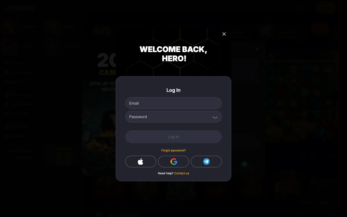 Winhero Casino — Sign-up, captured from Czechia