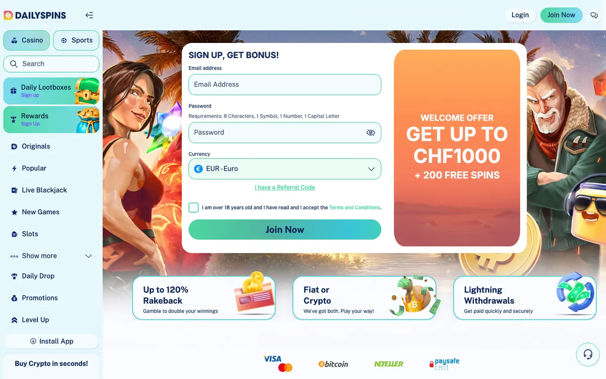 Dailyspins Casino — Home page, captured from Switzerland