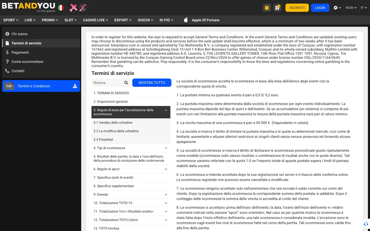 Betandyou Casino — Home page, captured from Italy