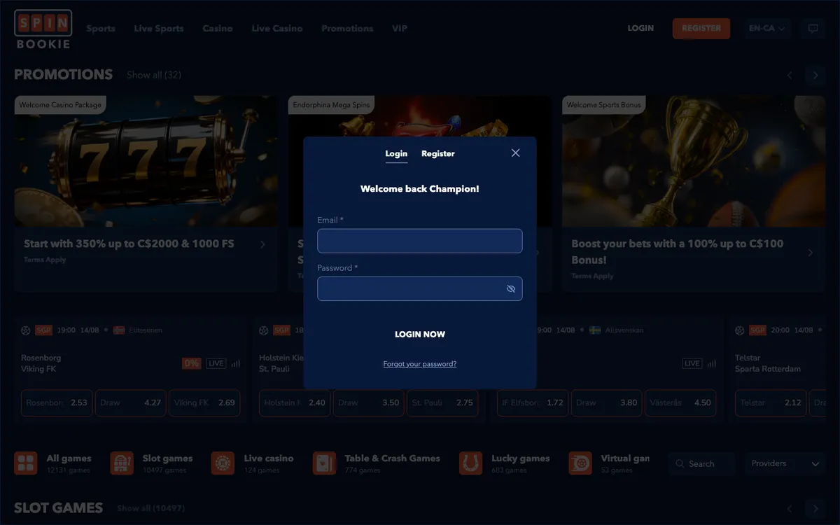 Spinbookie Casino — Sign-up, captured from Canada
