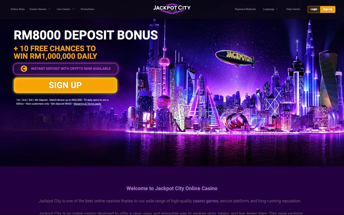 Jackpot City Casino — Home page, captured from Malaysia