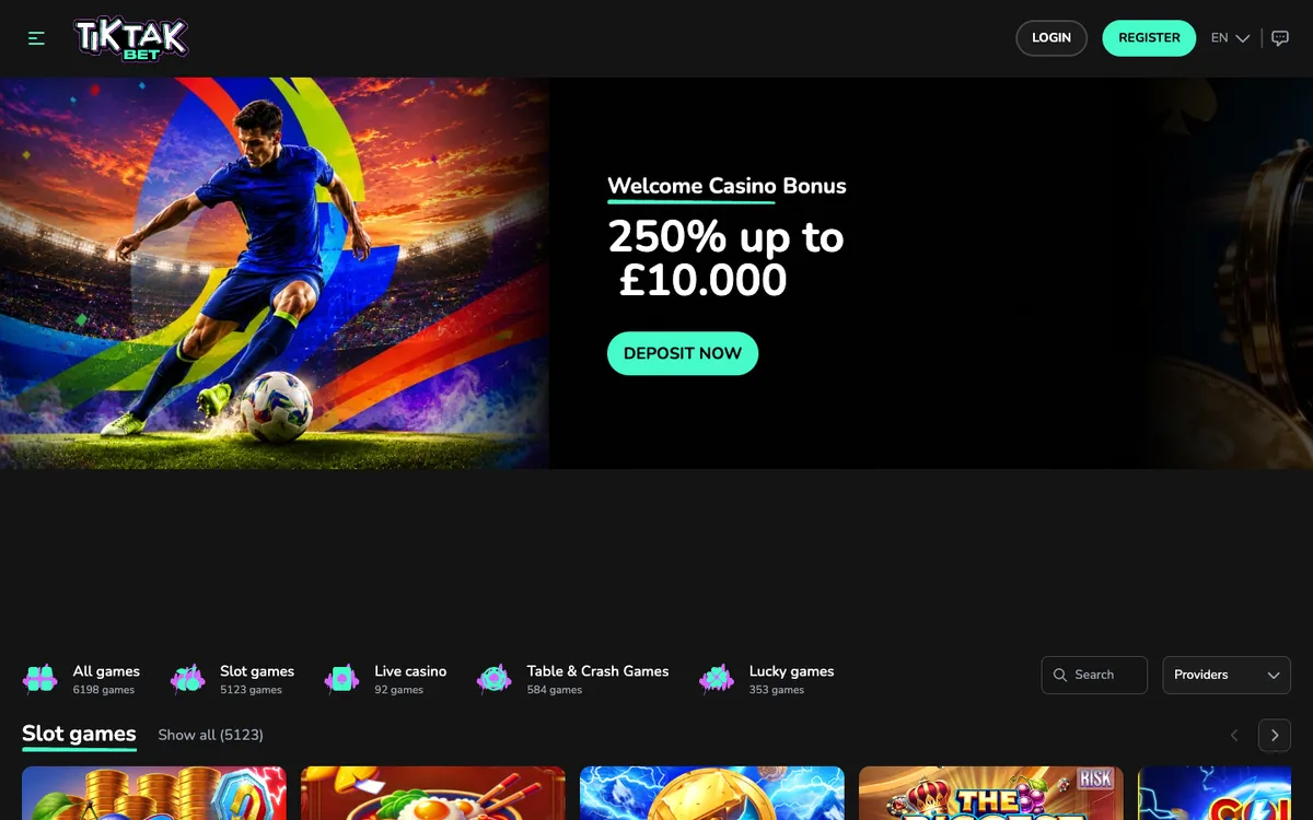 TikTak Bet Casino — Home page, captured from United Kingdom
