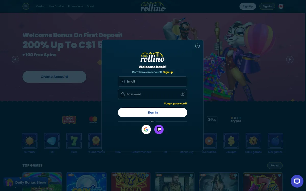 Rollino Casino — Sign-up, captured from Canada