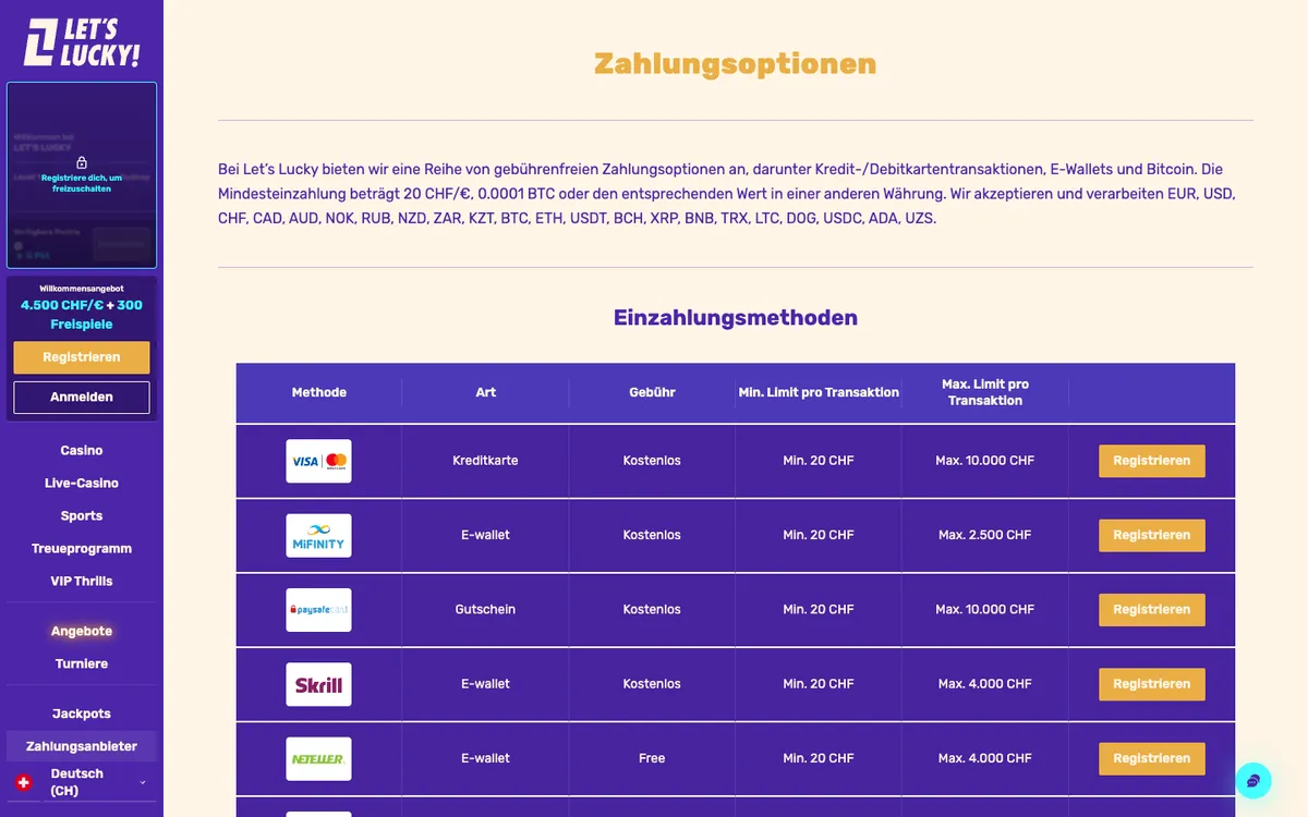 LetsLucky Casino — Payments, captured from Switzerland