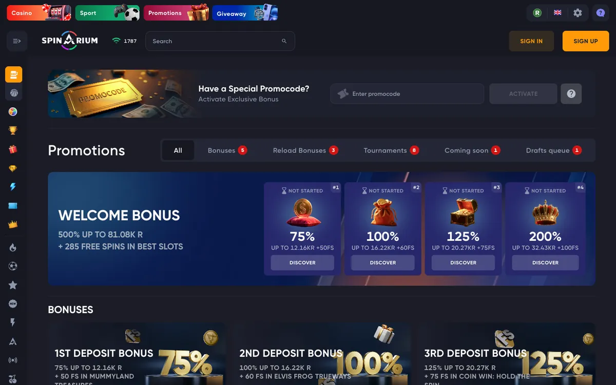 Spinarium Casino — Promotions, captured from South Africa