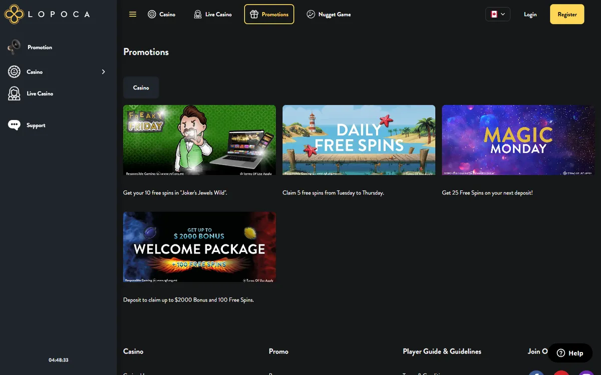 Lopoca Casino — Promotions, captured from Canada
