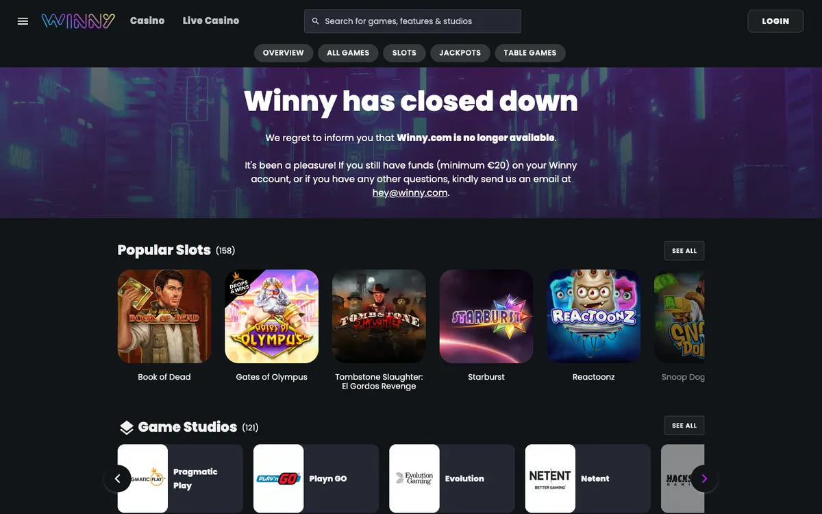 Winny Casino — Home page, captured from Austria