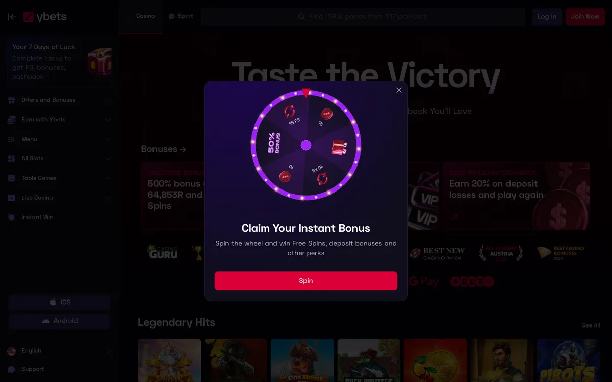 Ybets Casino — Home page, captured from South Africa