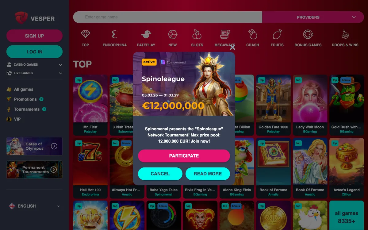 Vesper Casino — Home page, captured from Canada