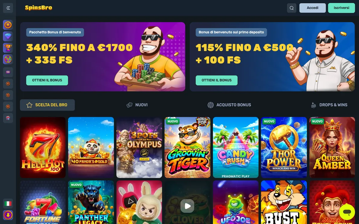SpinsBro Casino — Home page, captured from Italy