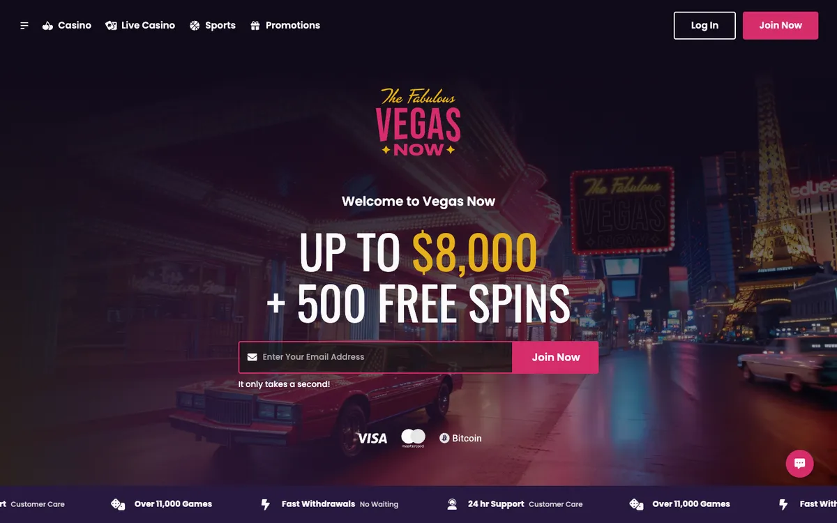 Vegas Now Casino — Home page, captured from Australia