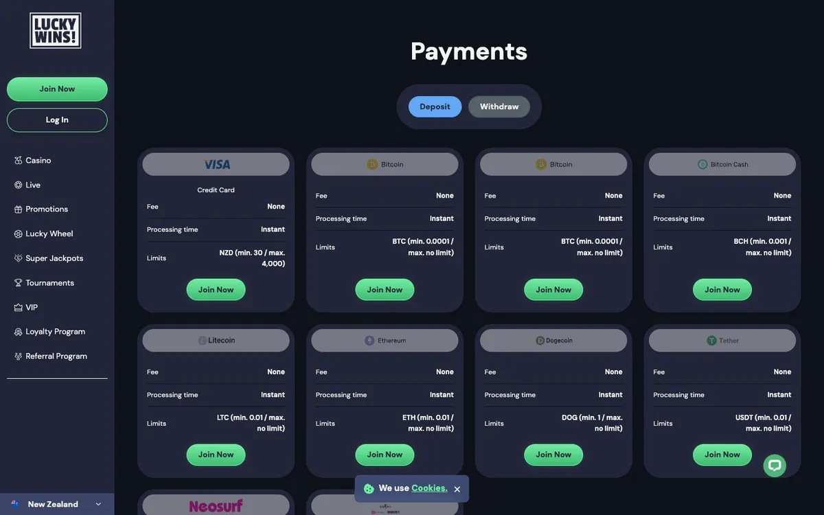 LuckyWins Casino — Payments, captured from New Zealand