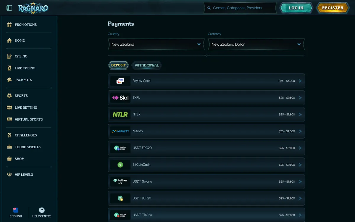Ragnaro Casino — Payments, captured from New Zealand