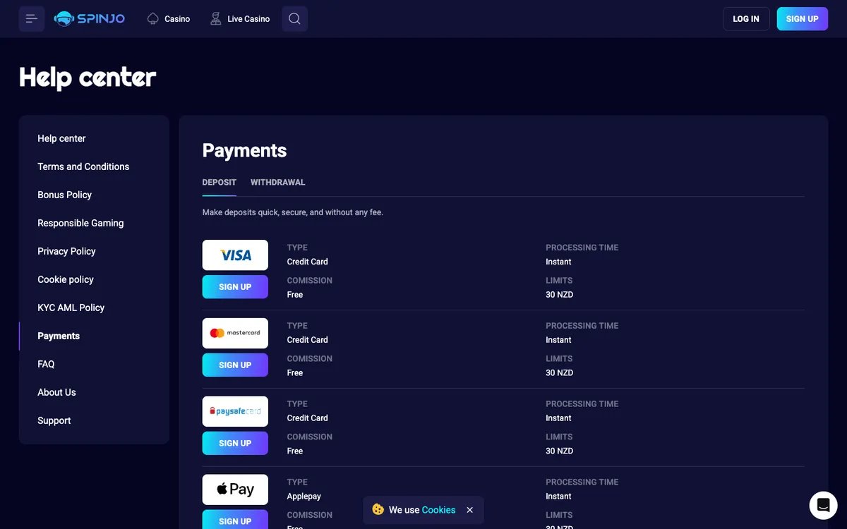 Spinjo Casino — Payments, captured from New Zealand