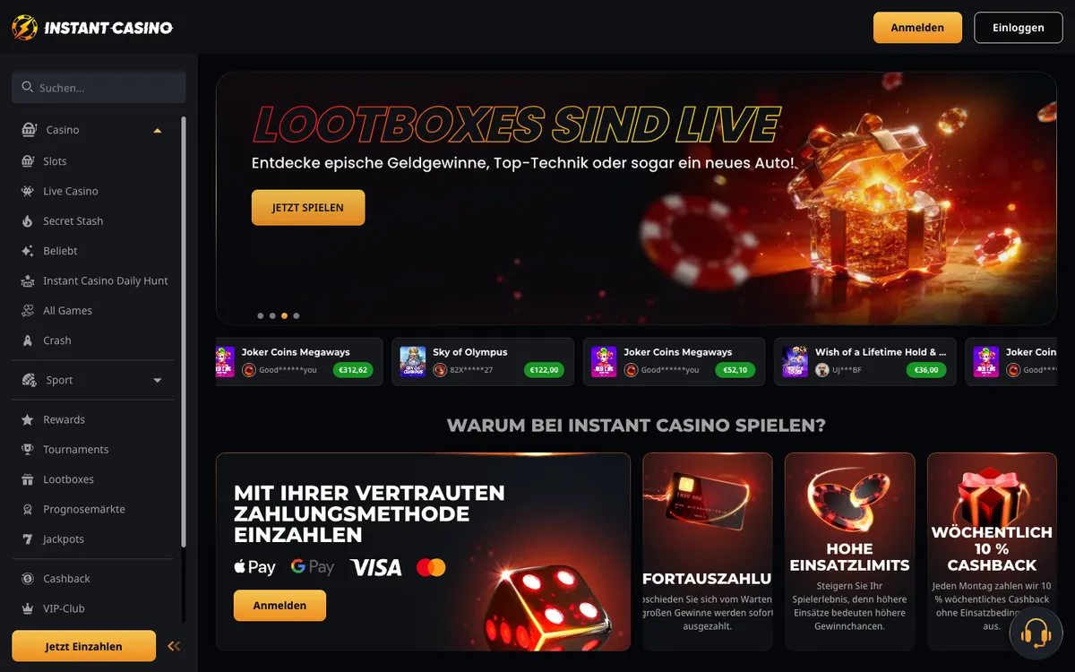 Instant Casino — Home page, captured from Austria