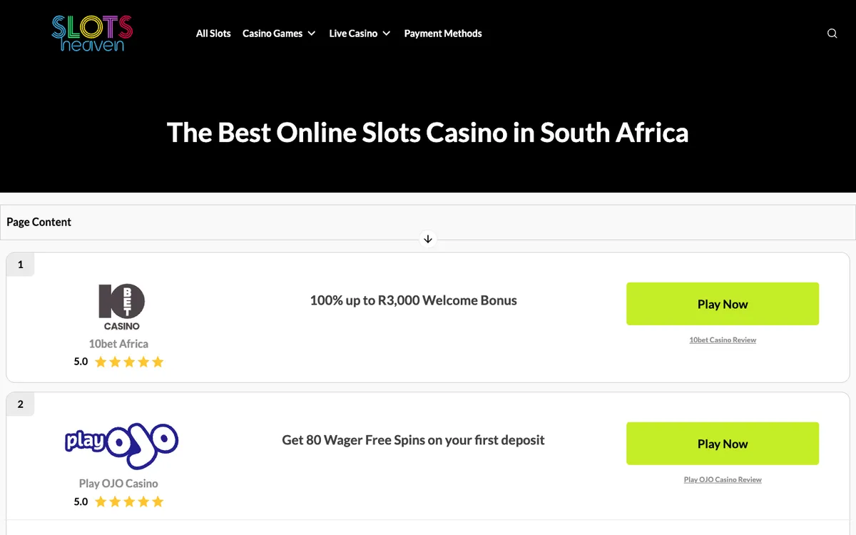 Slots Heaven Casino — Home page, captured from South Africa