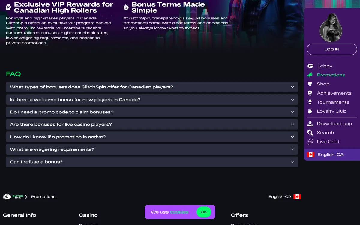 Glitchspin Casino — «Акции», снято из страны Канада
