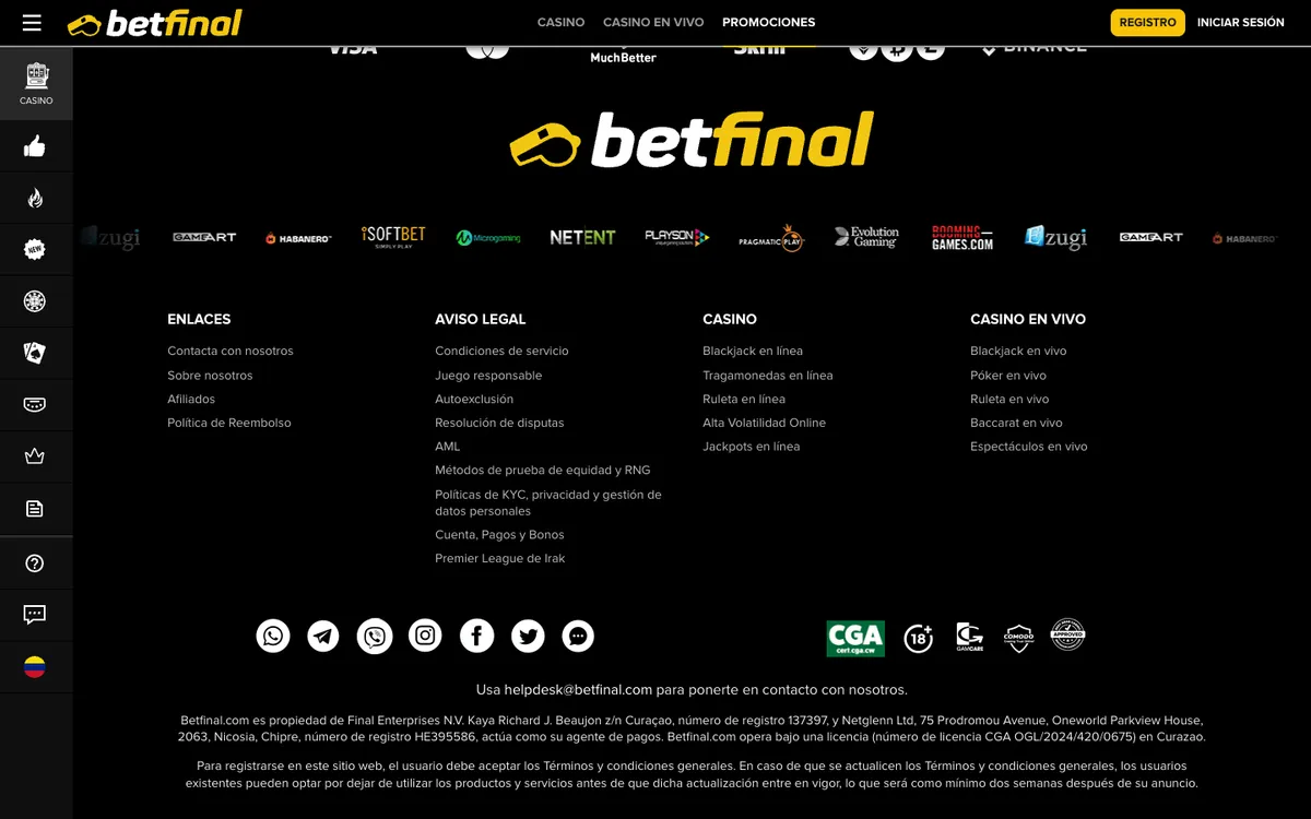 Betfinal Casino — Promotions, captured from Chile