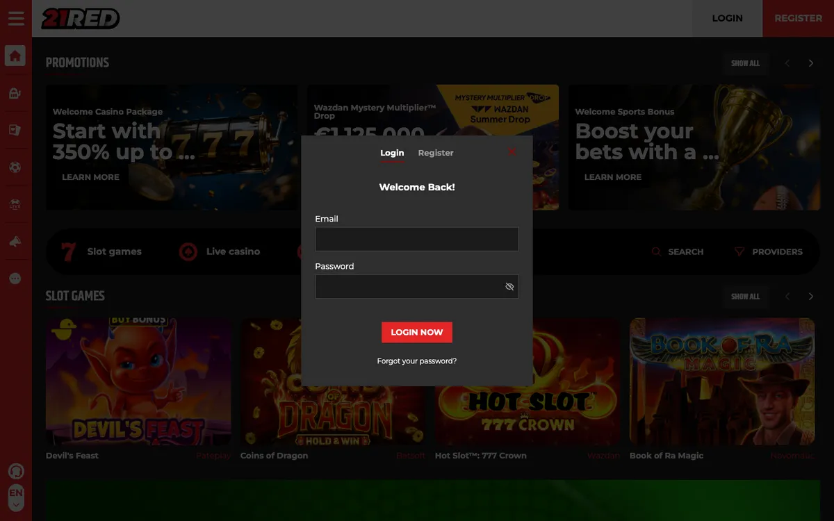 21.red Casino — Sign-up, captured from France