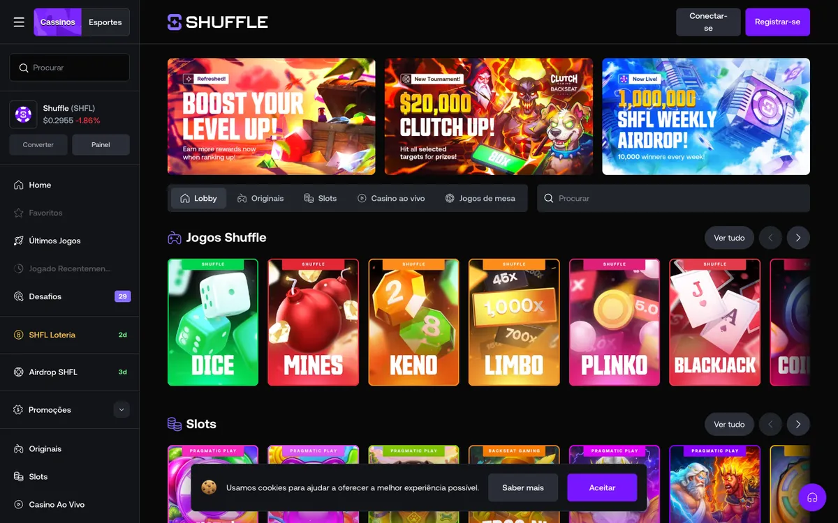 Shuffle Casino — Home page, captured from Portugal