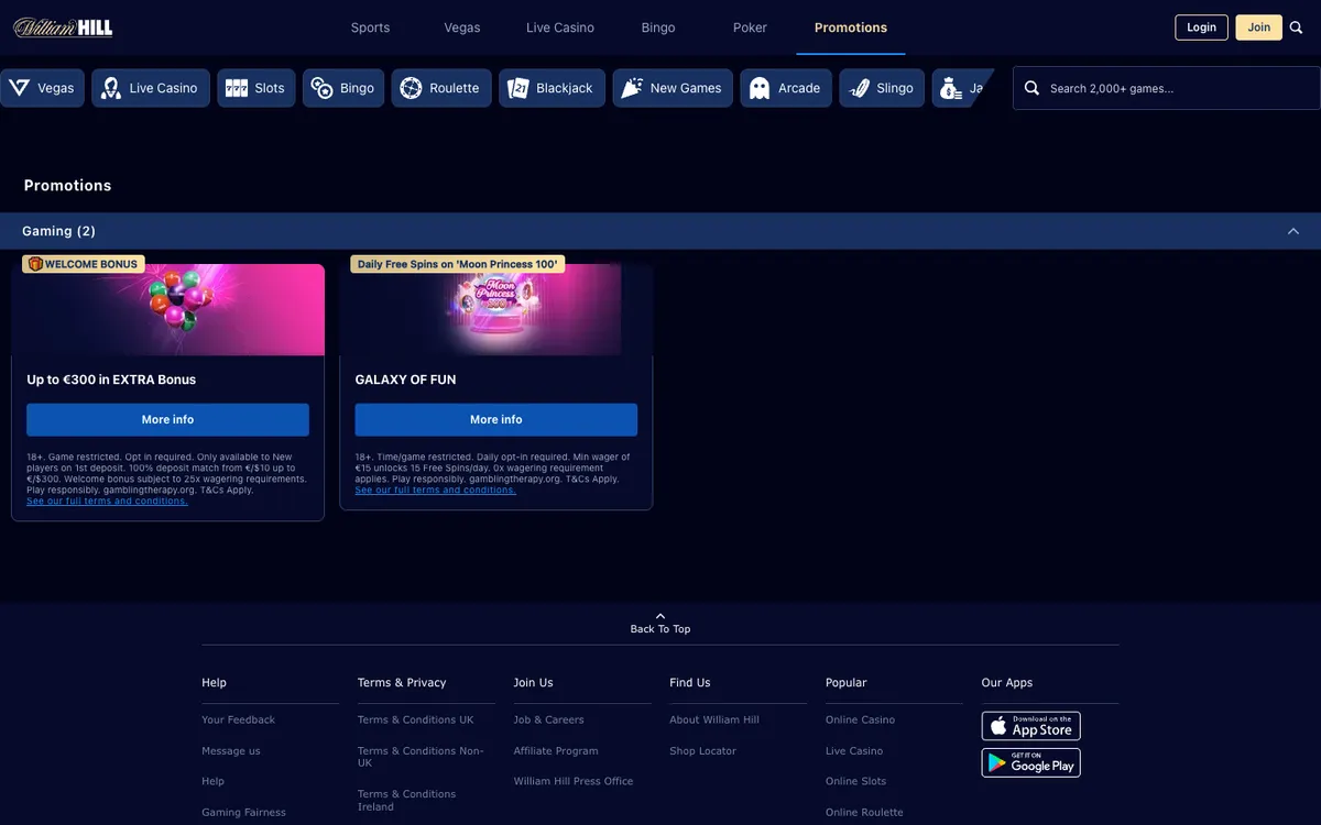 William Hill Vegas — Promotions, captured from Finland