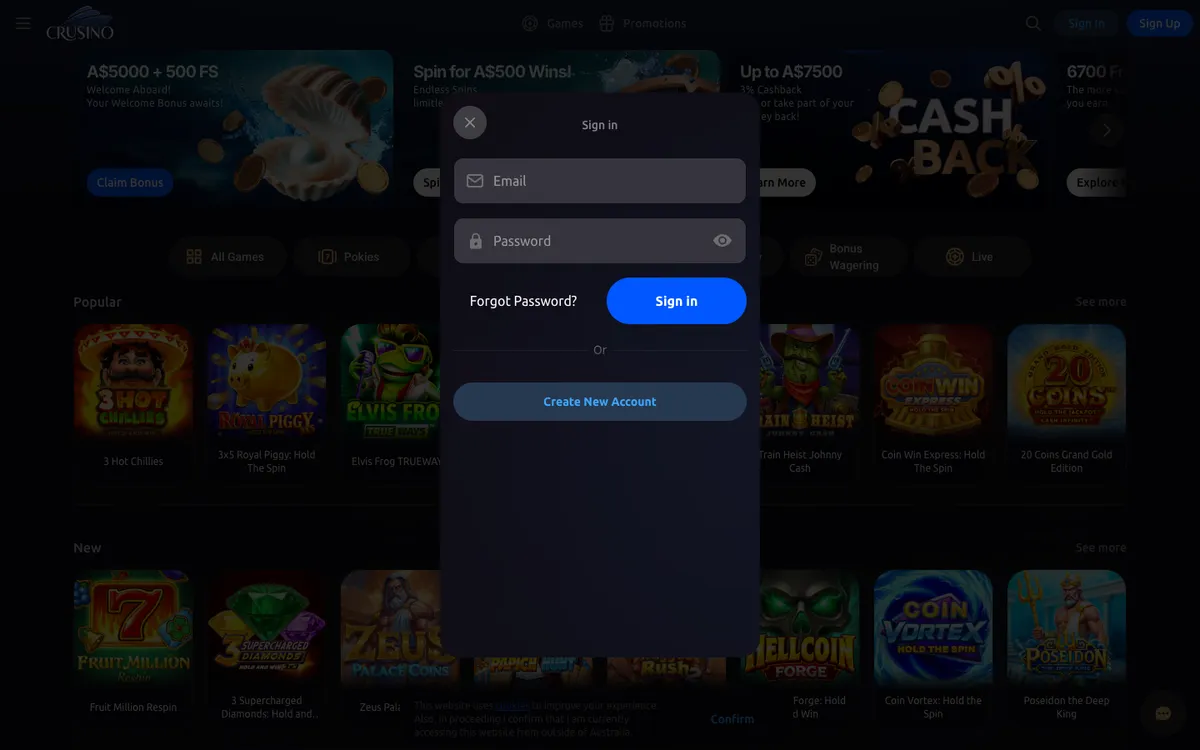 Crusino Casino — «Регистрация», снято из страны Австралия