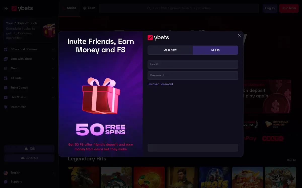 Ybets Casino — Sign-up, captured from New Zealand