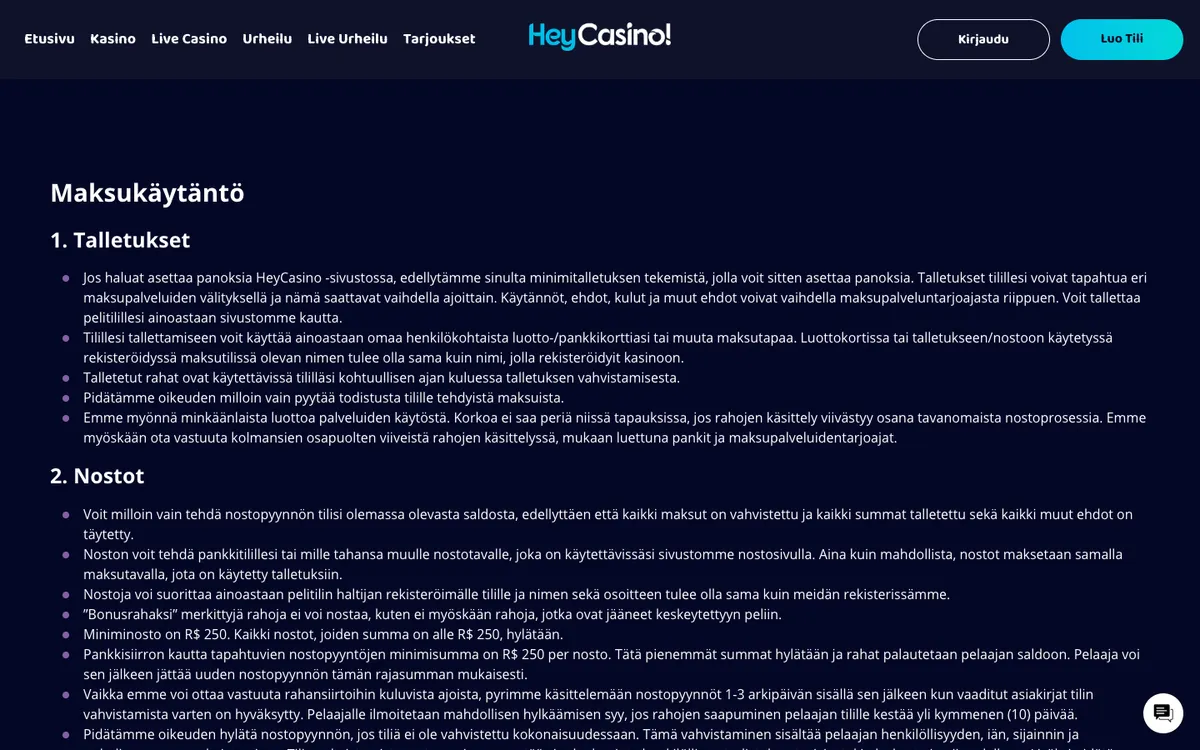 HeyCasino! — Payments, captured from Finland