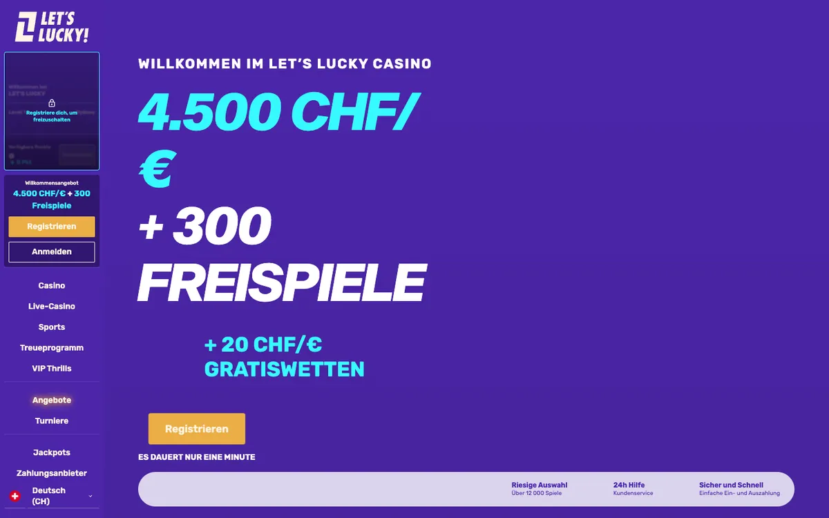 LetsLucky Casino — Home page, captured from Switzerland