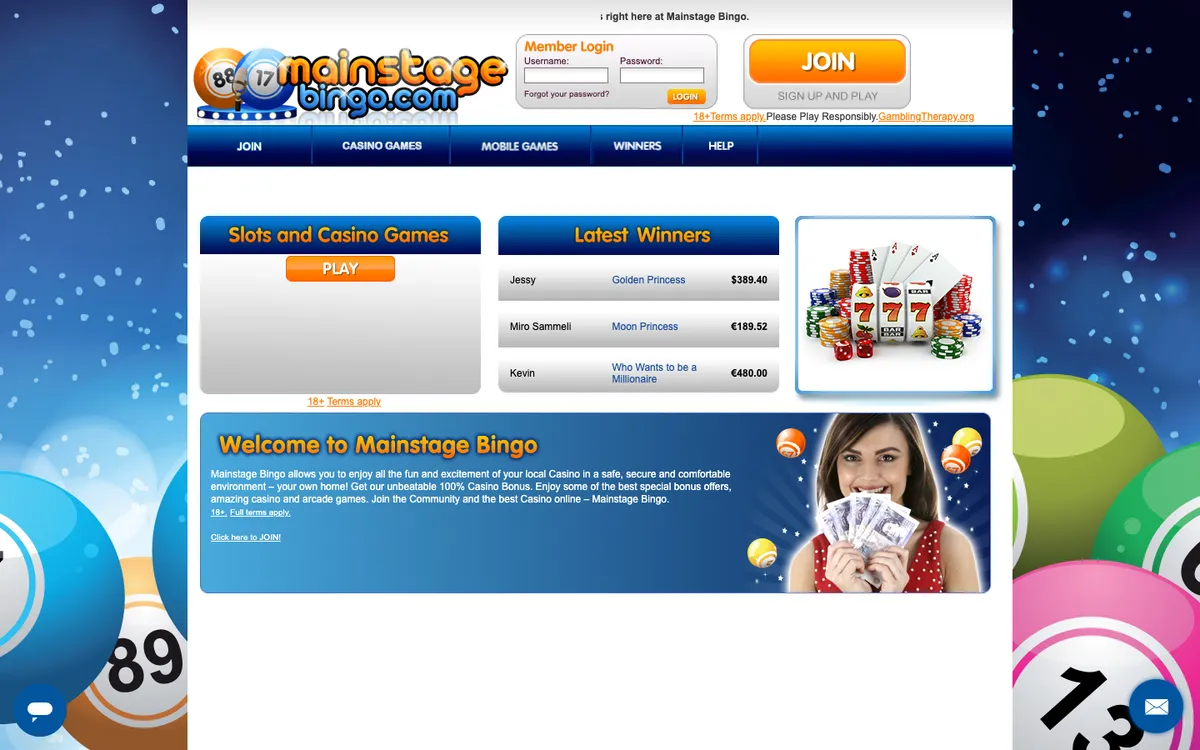 Mainstage Bingo Casino — Home page, captured from New Zealand