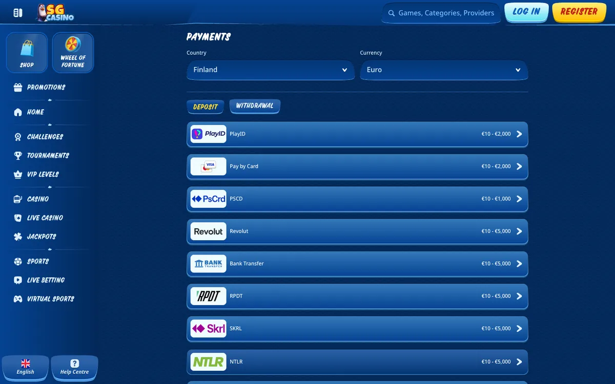 SG Casino — Payments, captured from Finland