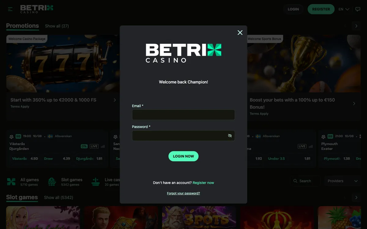 Betrix Casino — Sign-up, captured from Belgium