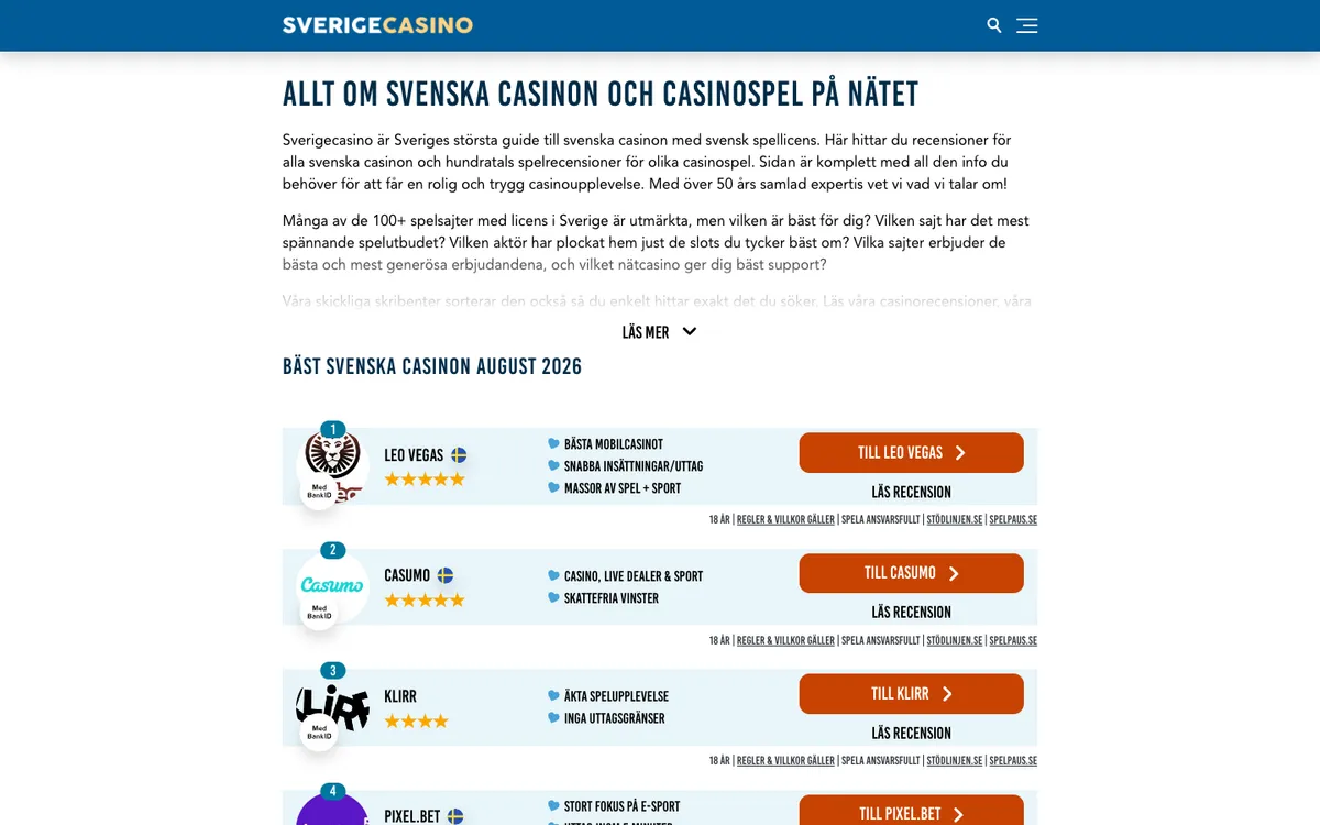 Sverige Casino — Home page, captured from Sweden